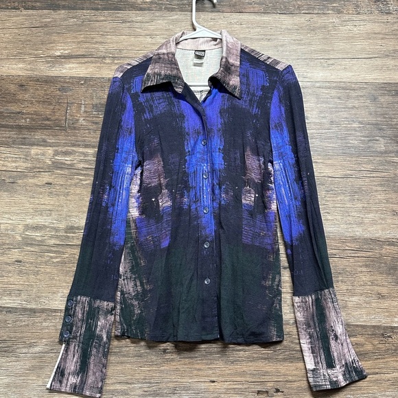 Anni Kuan Blue and Black Abstract Button Down Shirt - Picture 1 of 8